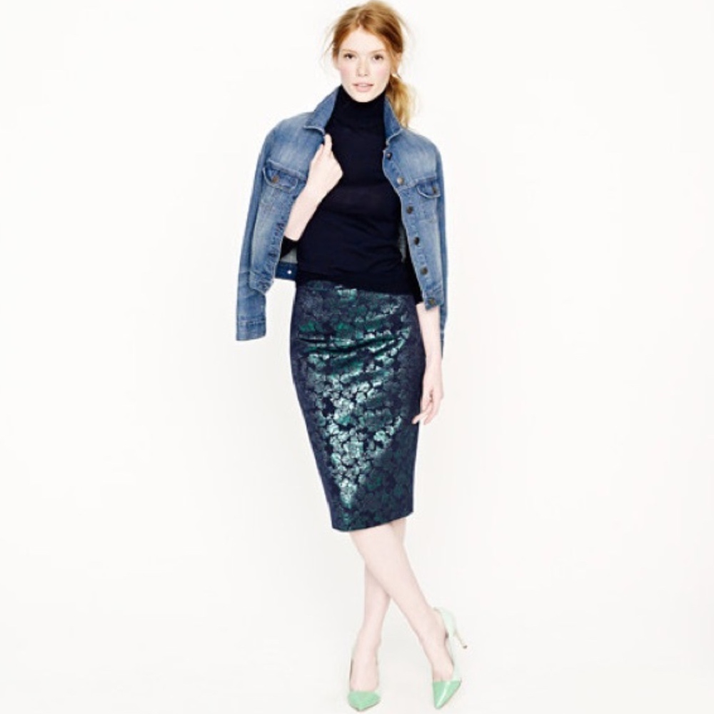 J.Crew Metallic Navy & Green Pencil Skirt